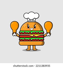 Cute cartoon Burger chef character holding two chicken thighs in flat cartoon style illustration