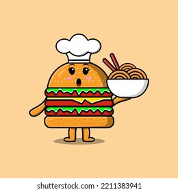 Cute cartoon Burger chef character holding noodles in bowl flat cartoon style illustration