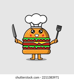 Cute cartoon Burger chef character holding knife and fork in flat cartoon style illustration
