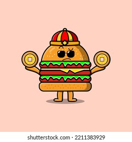 Cute cartoon Burger chinese character holding coin in vector icon illustration