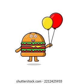 Cute cartoon Burger floating with balloon cartoon vector illustration concept flat cartoon style