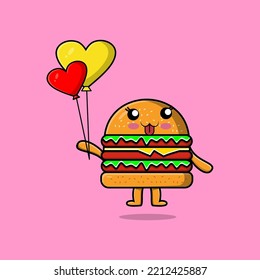 Cute cartoon Burger floating with love balloon cartoon vector illustration