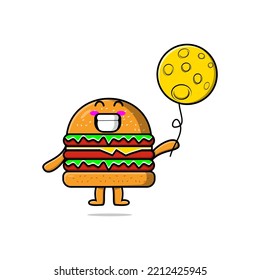 Cute cartoon Burger floating with moon balloon cartoon vector illustration