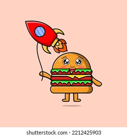 Cute cartoon Burger floating with rocket balloon cartoon vector illustration