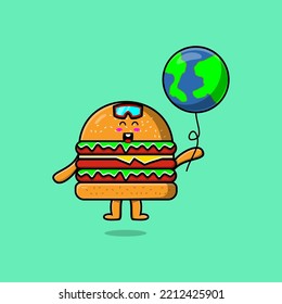Cute Cartoon Burger schwimmend mit Cartoon-Weltballon Vektorgrafik