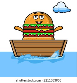 cute cartoon Burger get on boat in vector character illustration