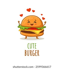 Cute cartoon burger isolated on white. Funny hamburger character  with hearts in flat style. Vector illustration
