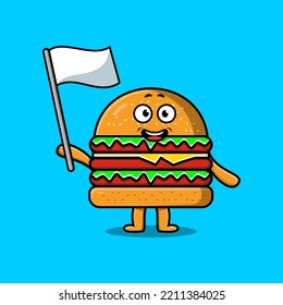 Cute cartoon Burger mascot character with white flag in modern design illustration