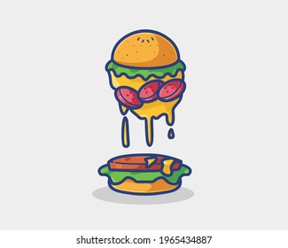 Cute Cartoon Burger Melting Cheese. Animal Cartoon Flat Style Icon illustration Premium Vector