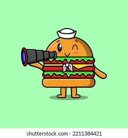 Cute cartoon Burger sailor with hat and using binocular cute modern style design