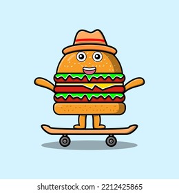 cute cartoon Burger standing on skateboard with cartoon vector illustration style