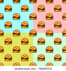 cute cartoon burgers seamless pattern on color background. Flat design Vector Illustration EPS