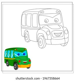 A cute cartoon bus coloring book with eyes and a smile. Sketch and color version. Vector illustration isolated on a white background