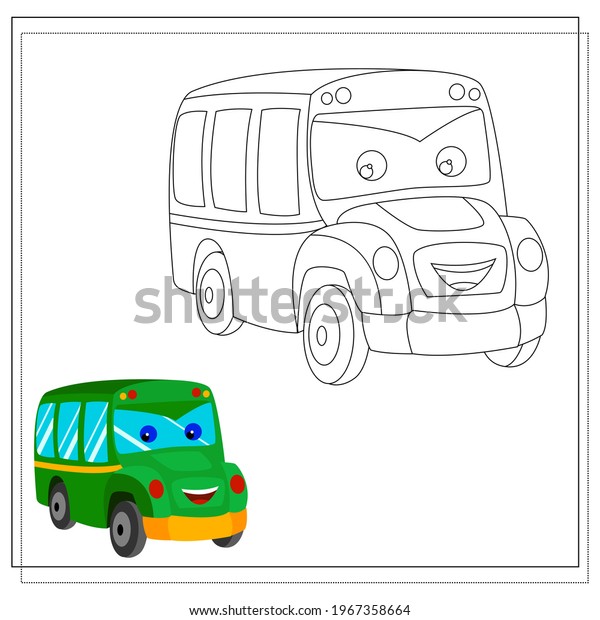 A cute cartoon bus coloring book with eyes and
a smile. Sketch and color version. Vector illustration isolated on
a white background