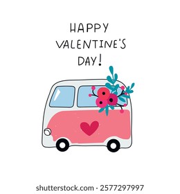 Cute cartoon bus. Happy Valentine's Day vector card in flat style. 