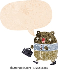 cute cartoon business bear with speech bubble in grunge distressed retro textured style