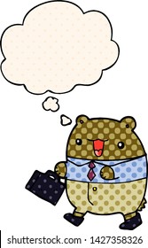 cute cartoon business bear with thought bubble in comic book style