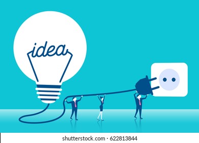 cute cartoon business people with light bulb on blue background