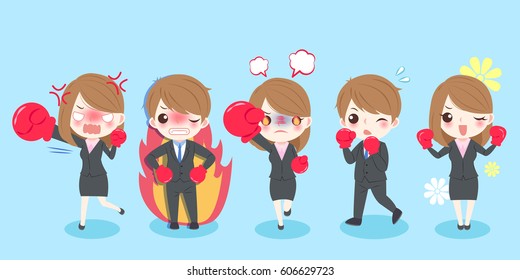 cute cartoon business people playing boxing on blue background