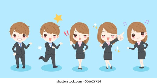 cute cartoon business people smile happily with blue background