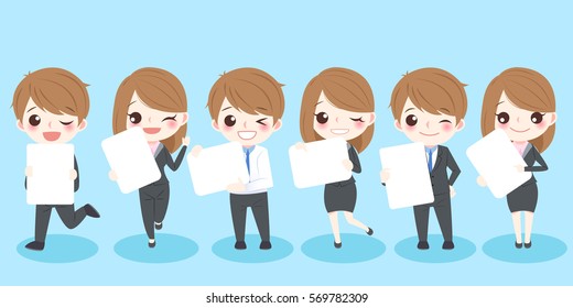 cute cartoon business people take billboard and smile to you