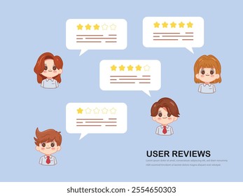Cute cartoon business people in User reviews and feedback concept. Vector illustration premium.