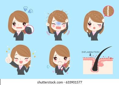 cute cartoon business woman with dandruff problem