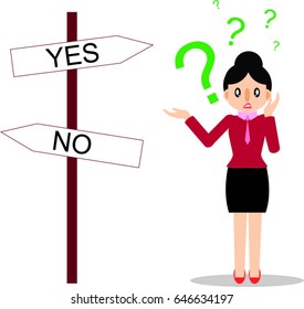 Cute cartoon of Business woman with a question mark.Girl doubts expression. Unsure depressed life, working and accounting woman with Destination icons. Sign of direction isolated on white background