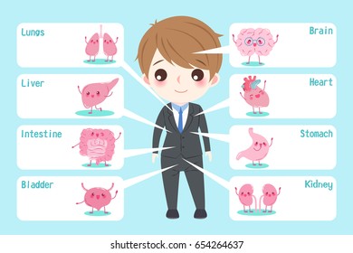cute cartoon businessman with billboard and organ on the blue backgorund