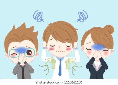 cute cartoon businessman with body odor problem on blue background