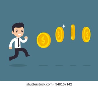 Cute cartoon businessman chasing coins video game style. Vector illustration.