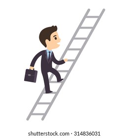 Cute Cartoon Businessman Climbing Corporate Ladder Isolated On White Background. Illustration Of Promotion And Success. Flat Vector Style. 