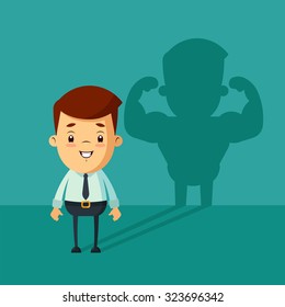 Cute Cartoon Businessman with His Strong Shadow. Vector Illustration