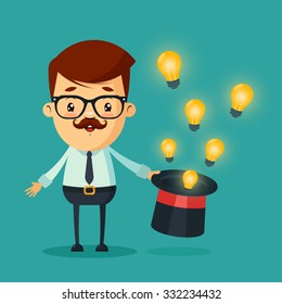 Cute Cartoon Businessman with Magic Hat Full of Light Bulbs (Ideas). Colorful Vector Illustration