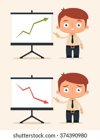 Cute Cartoon Businessman Making a Presentation: Success and Failure. Colorful Vector Set