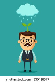 Cute Cartoon Businessman with Plant Growing in His Head. Colorful Vector Illustration