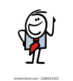 Cute cartoon businessman points finger up to attract attention to important information. Vector happy illustration of hand drawn doodle stickman office worker.
