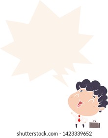 cute cartoon businessman with speech bubble in retro style