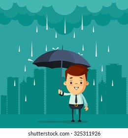 Cute Cartoon Businessman with Umbrella Standing Under the Rain. Big City Silhouette on Background. Vector Illustration