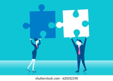 cute cartoon businesspeople with puzzle on blue background