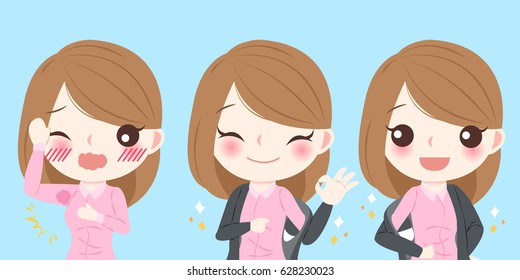 cute cartoon businesswoman with armpit problem on blue background