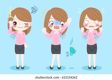 cute cartoon businesswoman with body odor problem on blue background