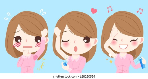 cute cartoon businesswoman with body odor on blue background