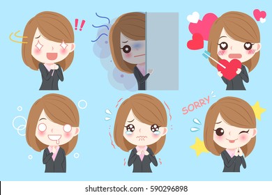 cute cartoon businesswoman do different emotion with blue background