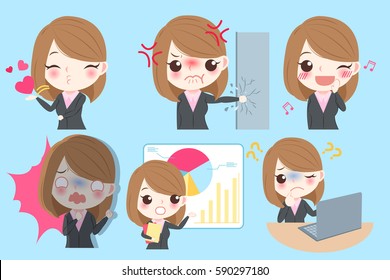 cute cartoon businesswoman do different emotion with blue background