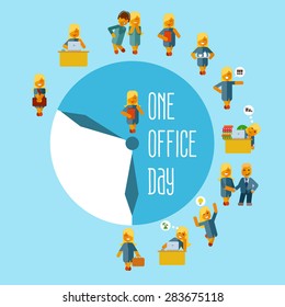 Cute cartoon businesswoman at office during his working day. Vector illustration in flat style showing various poses and activities.