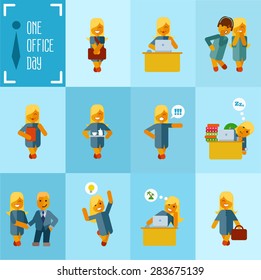 Cute cartoon businesswoman at office during his working day. Vector illustration in flat style