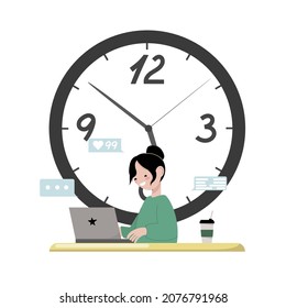 Cute cartoon businesswoman using laptop while sitting at her desk. Finished work day day. Office workplace interior on big clock background. Flat vector illustration.
