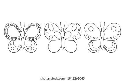 Cute cartoon butterflies, black and white vector illustration for coloring pages. Templates for coloring, isolated on white background. Coloring book. We draw with children. Vector
