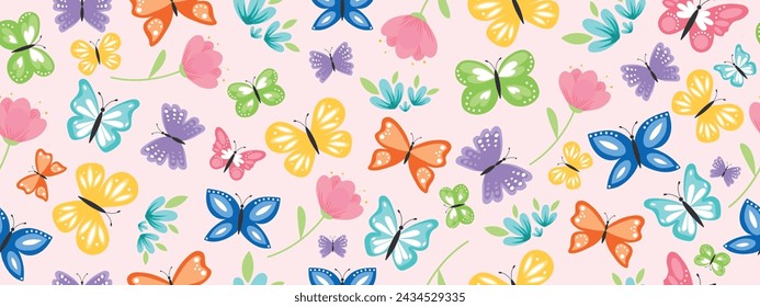 Cute cartoon butterflies with flowers. Seamless spring and summer pattern. Vector.